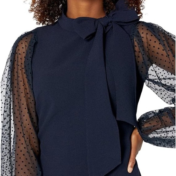 NWT Vince Camuto Bow Neck Sheer Puffy Polka Dot Long Sleeve Shift Dress - Picture 8 of 15